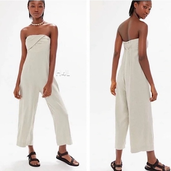 Urban Outfitters Linen Jumpsuit Women’s M Strapless Wide Leg Twist Front - Picture 1 of 12